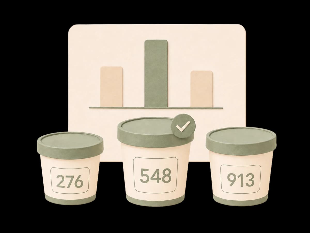 Results overview with three paper-cut bars where 204 wins – summary cards show best product, data quality and AI insight